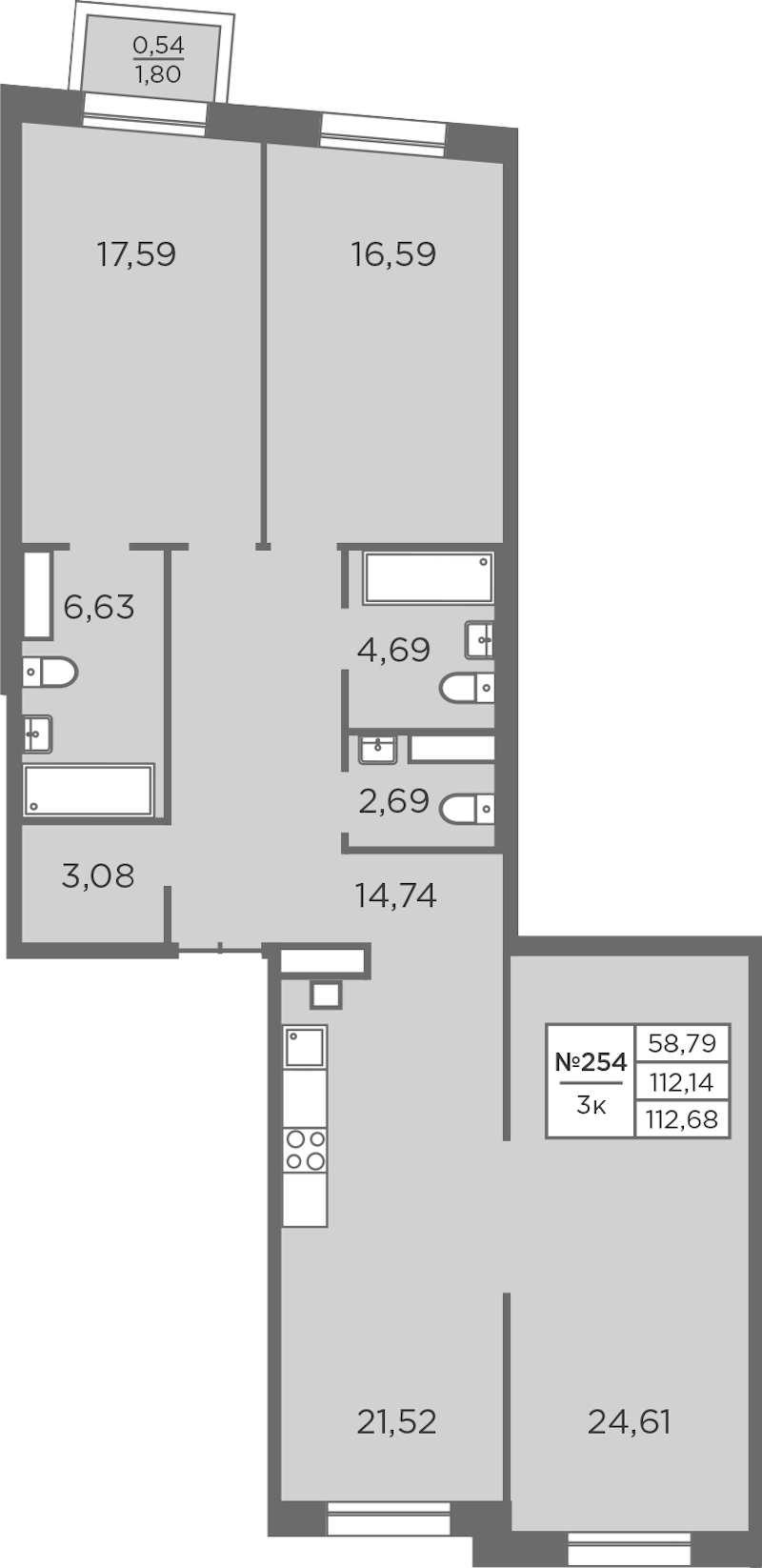 3-комнатная квартира 112.68 м², 6/8 эт., ЖК «Северная Корона»